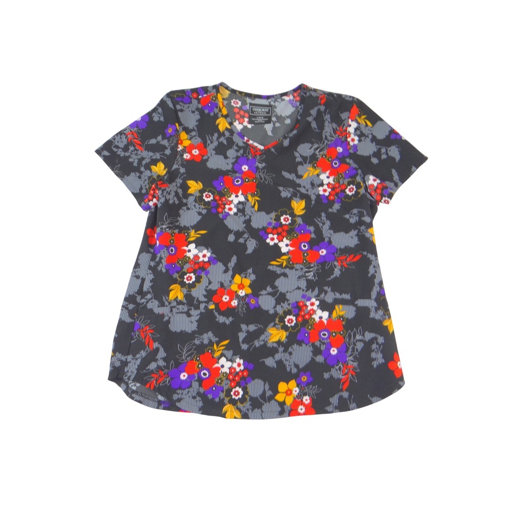 Cherokee Medical Uniforms Floral Map Print V-Neck Scrub Top Womens Large